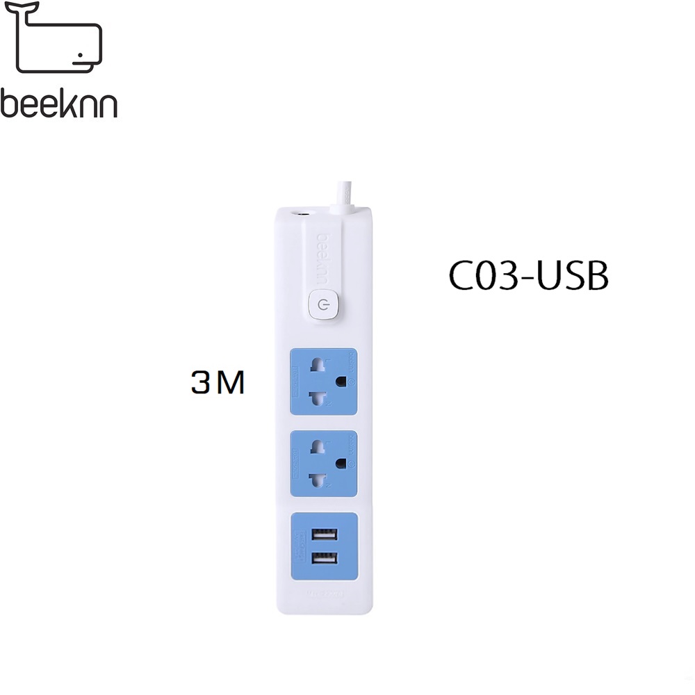 SKI - สกี จำหน่ายสินค้าหลากหลาย และคุณภาพดี | BEEKNN C03-USB ปลั๊กไฟ 2ช่อง 2USB 2.1A 1สวิทช์ สายไฟยาว 3 เมตร